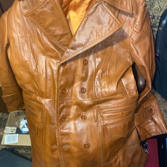 MENS VINTAGE BROWN LEATHER TRENCH COAT GREAT COND - Picture 3 of 13